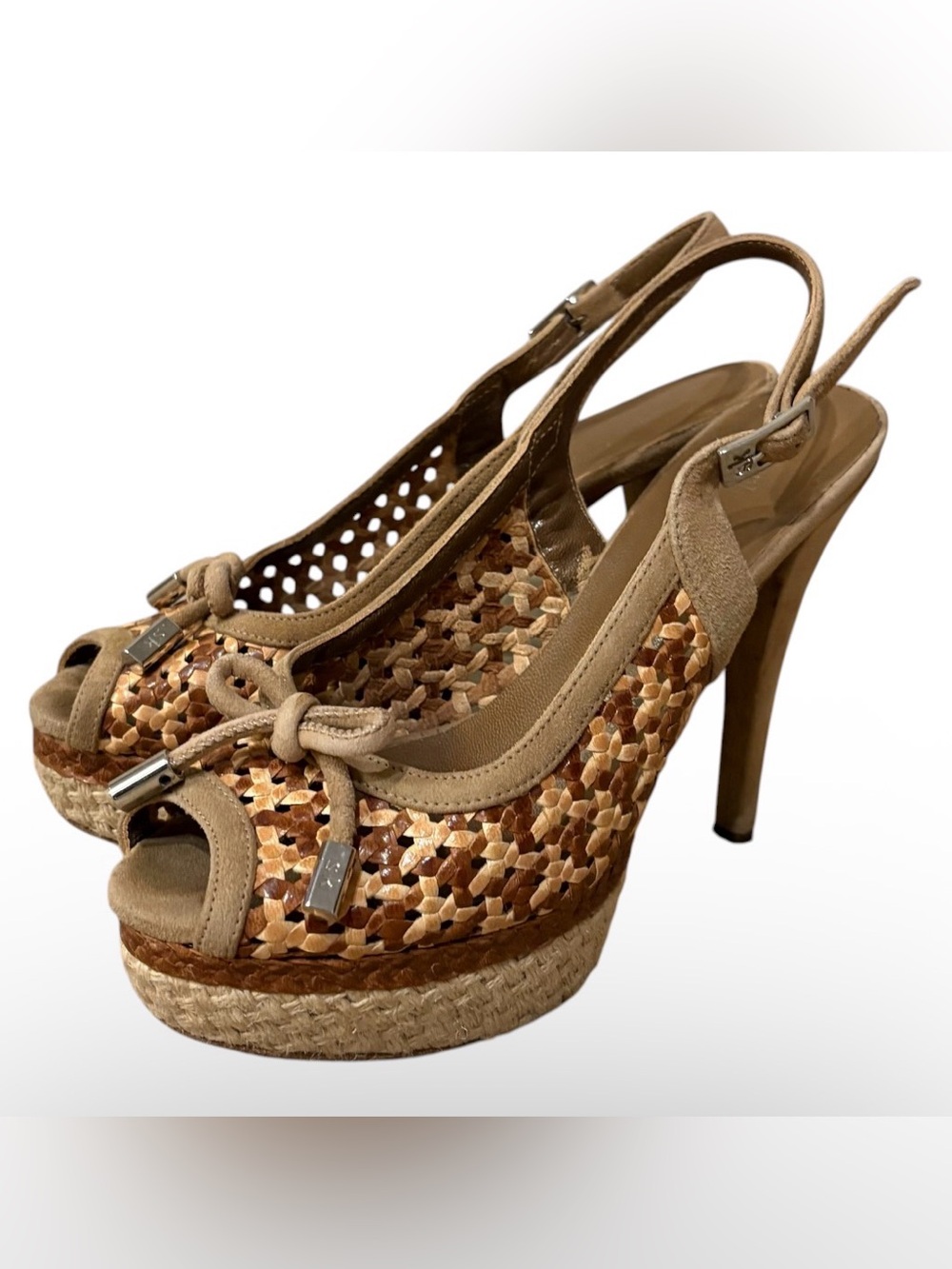 STEPHANE KELIAN Platform Woven Heels Slingbacks Suede Sz 37 1/2